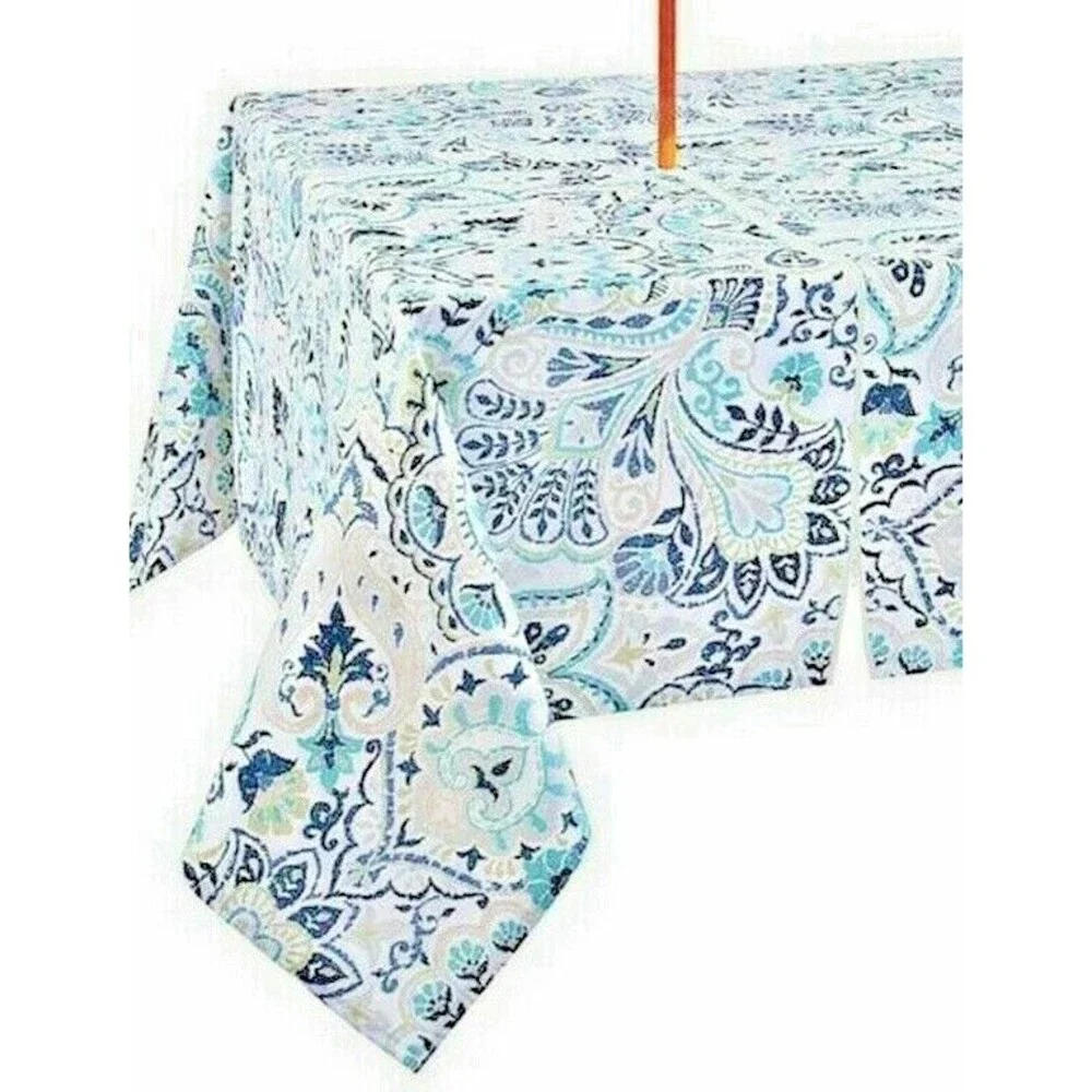 Liberty Blue Paisley Fabric Tablecloth 60x84 Umbrella Hole Zipper Outdoor Beach